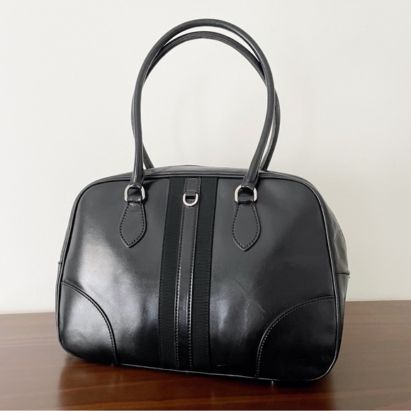Prada RARE black shiny leather striped bowling bag satchel - Picture 2 of 13